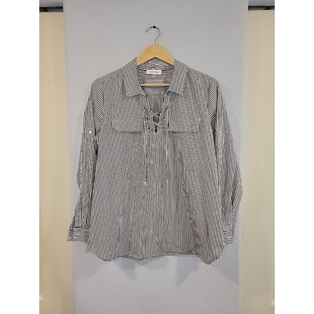 Calvin Klein Collared Shirt Size‎ L Striped Lace Up Neckline Nautical Coastal